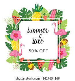 Summer sale banner with tropical leaves, flamingo, ice cream, watermelon, pineapple. Vector illustration template. Frame and border