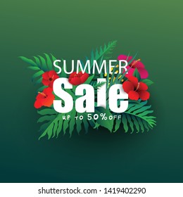 Summer sale banner with  tropical leaves background, exotic tropical leaves design for banner, flyer, invitation, poster, web site or greeting card.  vector illustration.