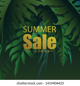 Summer sale banner with  tropical leaves background, exotic tropical leaves design for banner, flyer, invitation, poster, web site or greeting card.  vector illustration.