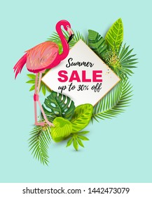 Summer sale banner with tropical leaves and pink flamingo. Place for text. Template for poster, web, invitation, flyer.