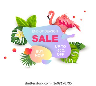 Summer sale banner with tropical leaves, flower plumeria, flamingo, liquid geometric shape. Place for text. Template for poster, web, invitation, flyer. Vector illustration.