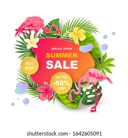 Summer sale banner with tropical leaves, flower plumeria, flamingos, liquid geometric shape. Place for text. Template for poster, web, invitation, flyer. Vector illustration.