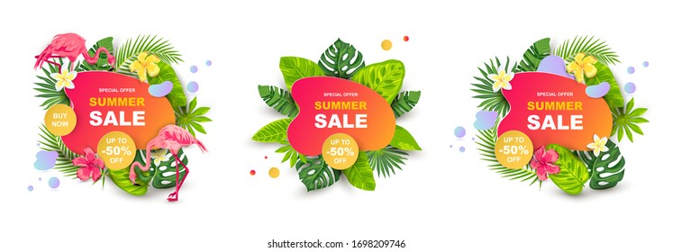 Banner de venta de verano con hojas tropicales, plumeria floral, flamingo, forma geométrica líquida. Colocar texto. Plantilla para carteles, web, invitación, volante. Conjunto de ilustraciones vectoriales.