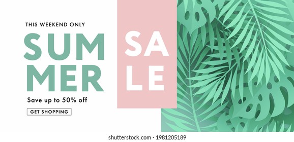 Summer sale banner with tropical leaves and plants in light mint green and soft pink colors with modern typography. Modern design template for sale, horizontal poster, cover, social media, fashion ads