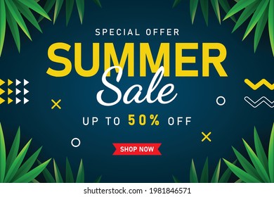 Summer Sale banner with tropical leaves