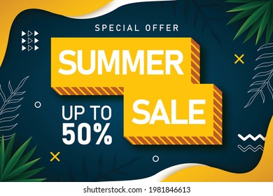 Summer Sale banner with tropical leaves