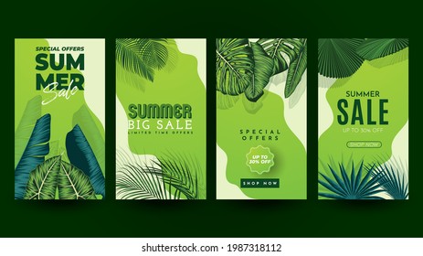 Summer Sale Banner With Tropical Leaves Background. Vector Illustration