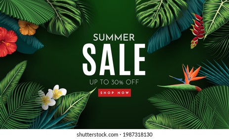 Summer Sale Banner With Tropical Leaves Background. Vector Illustration