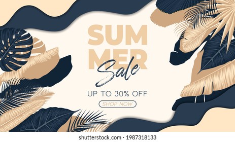 Summer Sale Banner With Tropical Leaves Background. Vector Illustration