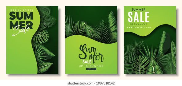 Summer Sale Banner With Tropical Leaves Background. Vector Illustration