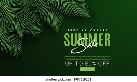 Summer Sale Banner With Tropical Leaves Background. Vector Illustration
