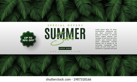 Summer Sale Banner With Tropical Leaves Background. Vector Illustration