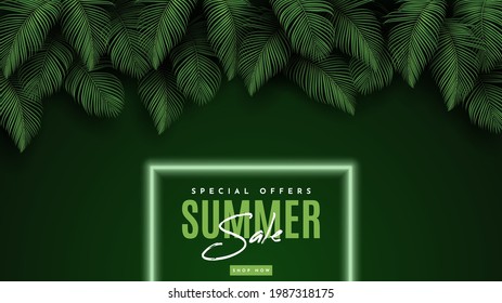 Summer Sale Banner With Tropical Leaves Background. Vector Illustration