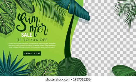 Summer Sale Banner With Tropical Leaves Background. Vector Illustration