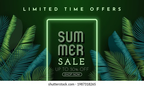 Summer Sale Banner With Tropical Leaves Background. Vector Illustration