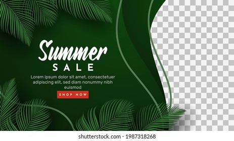 Summer Sale Banner With Tropical Leaves Background. Vector Illustration