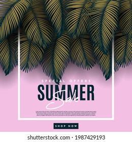 Summer Sale Banner With Tropical Leaves Background. Vector Illustration