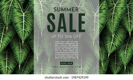 Summer Sale Banner With Tropical Leaves Background. Vector Illustration
