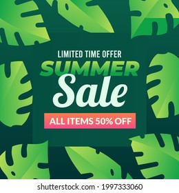 Summer Sale Banner with Tropical Leaves Background. Social Media Post Template in Square Format