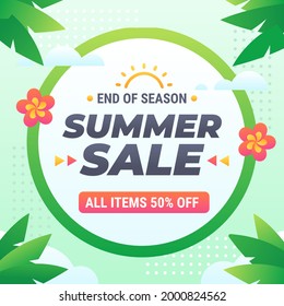 Summer Sale Banner with Tropical Leaves and Flower Background. Social Media Post Template in Square Format.