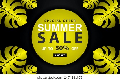 Summer sale banner with tropical leaves on background. Template for seasonal discounts. Vector illustration.