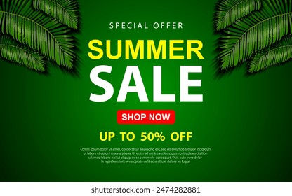 Summer Sale Banner with tropical leaves. vector illustration EPS 10.