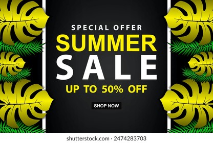 Summer sale banner with tropical leaves on background. Template for seasonal discounts. Vector illustration.