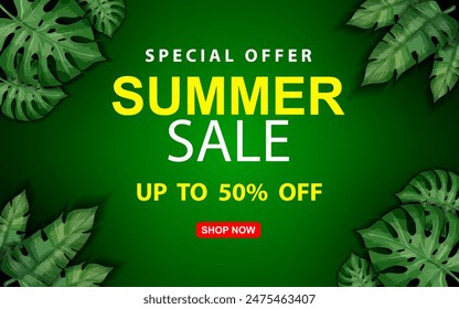 Summer Sale Banner with tropical leaves. vector illustration EPS 10.