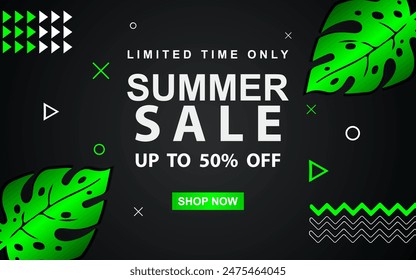 Summer Sale Banner with tropical leaves. vector illustration EPS 10.