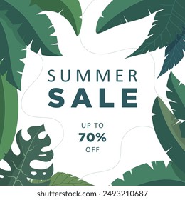 Summer sale banner with tropical leaves. Up to 70% off.