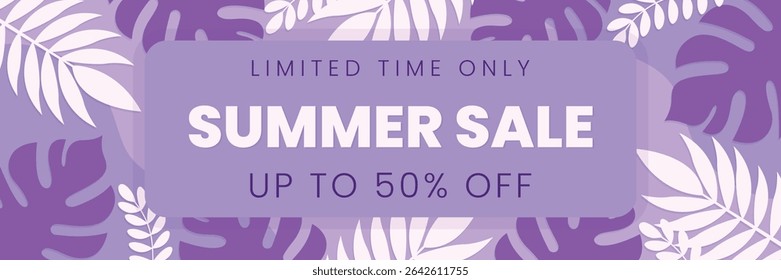 summer sale banner with tropical leaves in violet colors flat vector illustration.