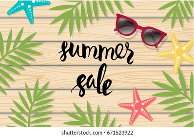 Summer sale banner. Tropical leaves, sunglasses and starfish on light wooden texture. Vector illustration.