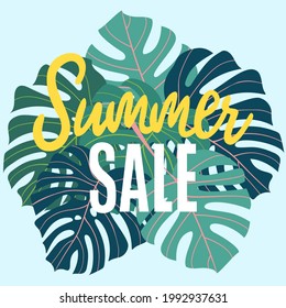 Summer sale banner with tropical monstera leaves. Discount template with exotic leaves on a blue background. Vector illustration. 