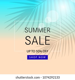 Summer sale banner with tropical palm leaves on the beach background, promotion template vector illustration design.