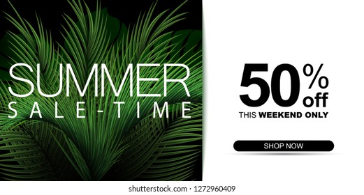 Summer sale banner. Tropical palm leaf. Floral background.