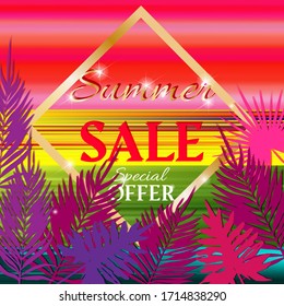 Summer sale banner with tropical palm leaves, golden frame, letters, sparkles on gradient background. Colourful summer poster, bright fresh tropical colors. Multicolour template 