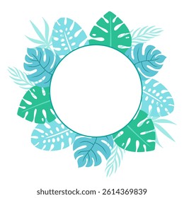 Summer sale banner with tropical palm leaves in a circular design. Summer sale wreath. Cartoon style.