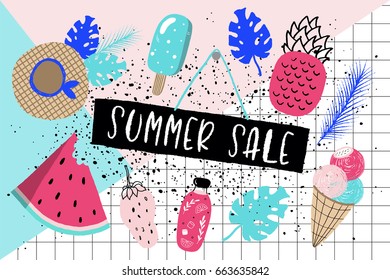 Summer Sale banner. Tropical palm leaves, watermelon, ice cream, pineapple. Vector illustration.