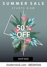 Summer sale banner with tropical palm leaves and flowers.Summer Sale poster template.Modern,geometric summer typography.Abstract banner design.vector illustration.