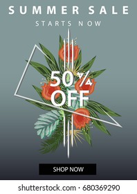 Summer sale banner with tropical palm leaves and flowers.Summer Sale poster template.Modern,geometric summer typography.Abstract banner design.vector illustration.