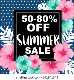 Summer sale banner with tropical plant background