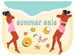Summer Sale Banner. Two Women Relaxing At The Beach, Top View. African Females In Swimwear Lying At The Sand. 