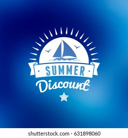 Summer sale banner. Typographic retro style summer poster with textured blurred blue background. Summer discounts and special offers. Vector illustration