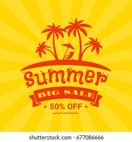 Summer sale banner. Typographic retro style summer poster with textured abstract background. Summer discounts and special offers. Vector illustration