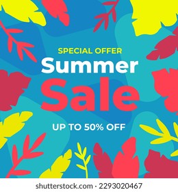 Summer sale banner with typography and plants on the sides. Floral illustration with tropical leaves. Special offer banner, brochure, flyer, coupon and business card
