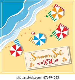 summer sale banner with umbrealla starfish and ball square