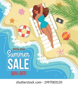 Summer sale banner. Summer vacation background. A woman in a swimsuit on the beach, lettering, and beach elements. Palm, sea, sand, a summer girl sunbathing on a deckchair. Vector illustration