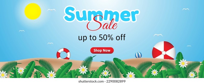 summer sale banner vector design with leaves, flowers, beach ball, sun, bird and sand beach for business promotion