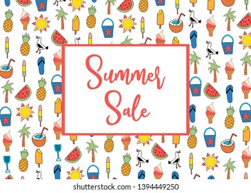 Summer Sale banner vector with summer icons pattern. Watermelon, popsicle, pineapple, coconut, ice cream cone, palm tree, seagull, flipflop sandal, sunscreen