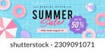 Summer Sale Banner vector illustration. top view of pool with swim rings. Pink, blue and purple theme
